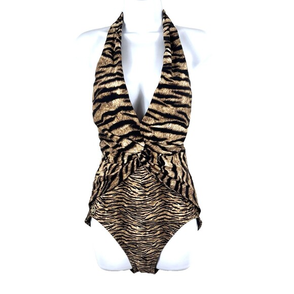 Michael Michael Kors Size 12 Animal Print Halter Ruched One Piece Swimsuit Logo - Picture 10 of 10